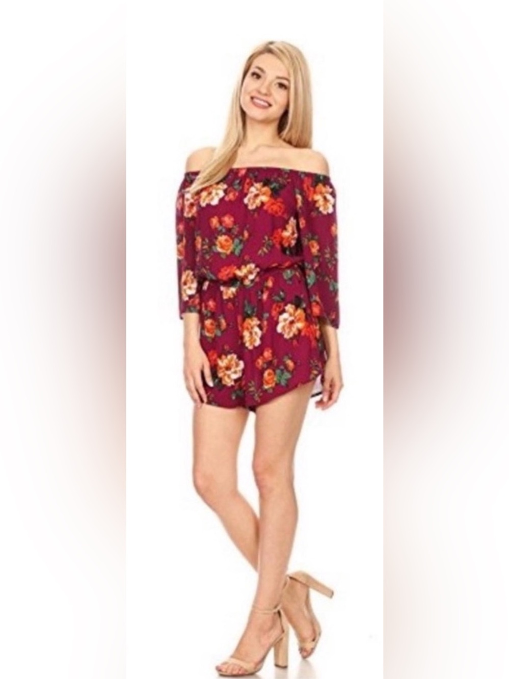 Ambiance Burgundy Floral Off Shoulder Romper Size M